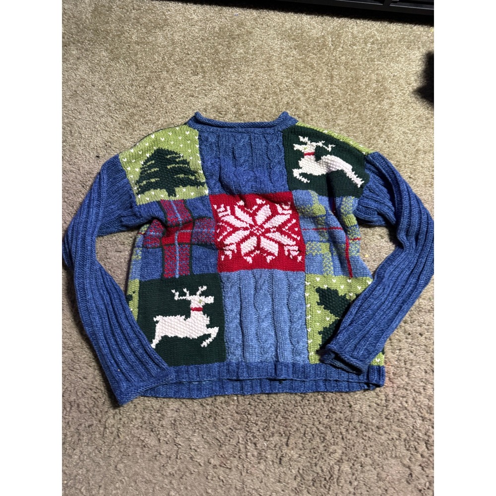 LizClaiborne Lizsport Vintage Christmas Patchwork Reindeer Sweater Blue Womens L - Picture 6 of 6